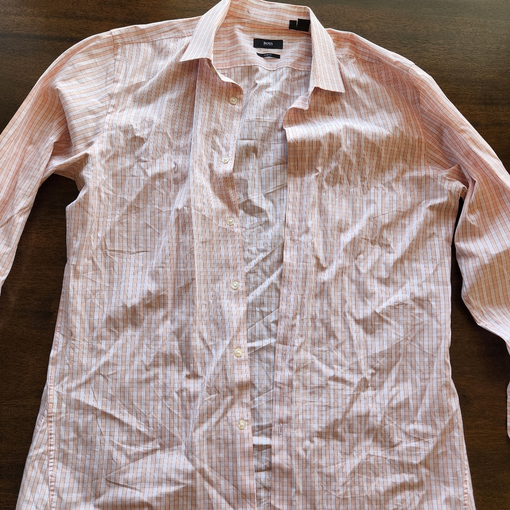 Hugo Boss Men's Orange/White Checkered Long Sleeve Button Down Shirt.